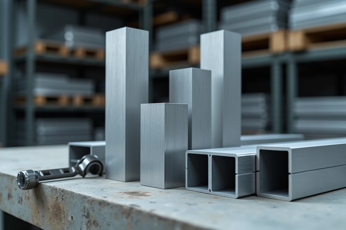 Tubes en aluminium rectangulaires de différentes dimensions posés sur béton avec un pied à coulisse, montrant la qualité de finition et les tolérances de profilés industriels