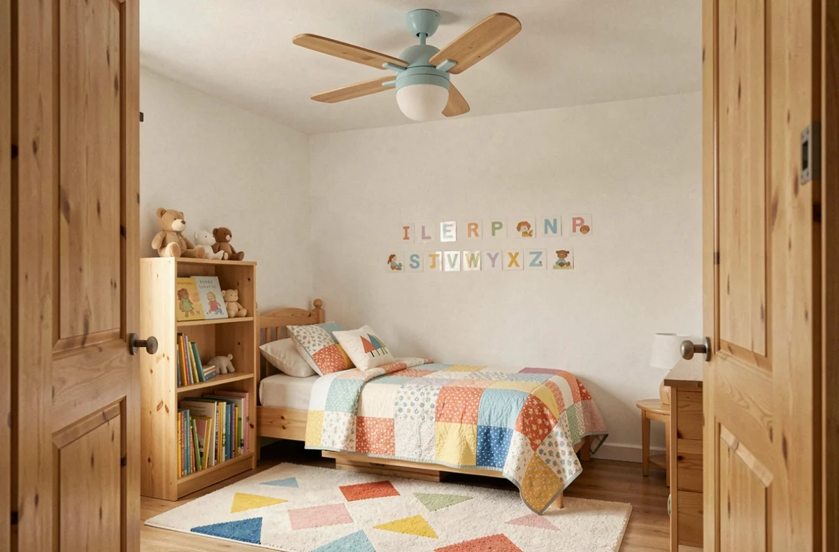 Ventilateur de plafond silencieux et coloré dans une chambre d'enfant avec mobilier en pin et literie patchwork