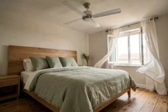 Ventilateur de plafond ultra silencieux installé dans une chambre parentale moderne avec literie en lin vert sauge et parquet chêne