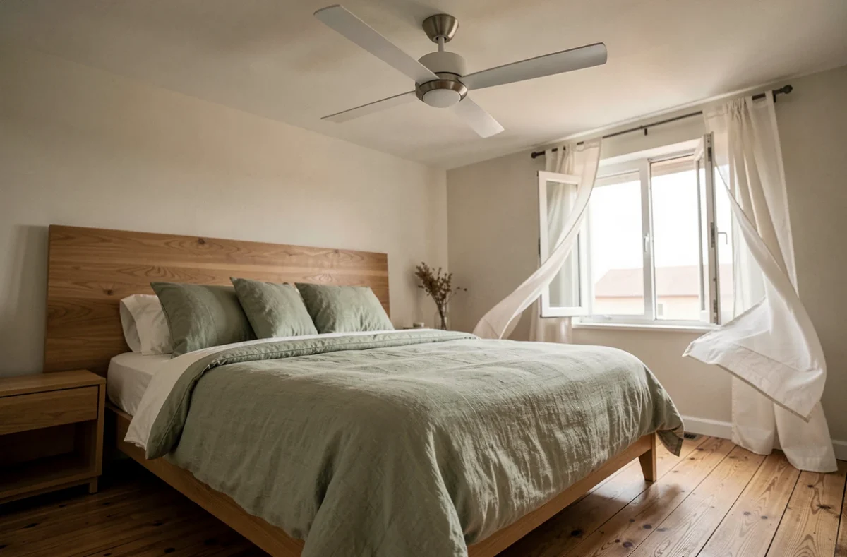 Ventilateur de plafond ultra silencieux installé dans une chambre parentale moderne avec literie en lin vert sauge et parquet chêne