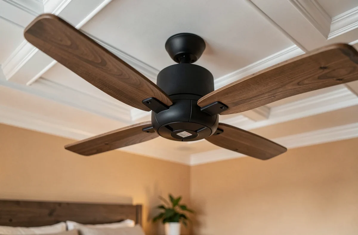 Gros plan d'un ventilateur de plafond noir mat avec pales en bois dans une chambre cosy, vue en contre-plongée révélant le détail du moteur