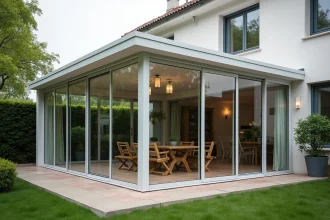 Véranda moderne en aluminium et verre accolée à une maison pavillonnaire avec jardin aménagé