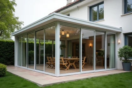 Véranda moderne en aluminium et verre accolée à une maison pavillonnaire avec jardin aménagé