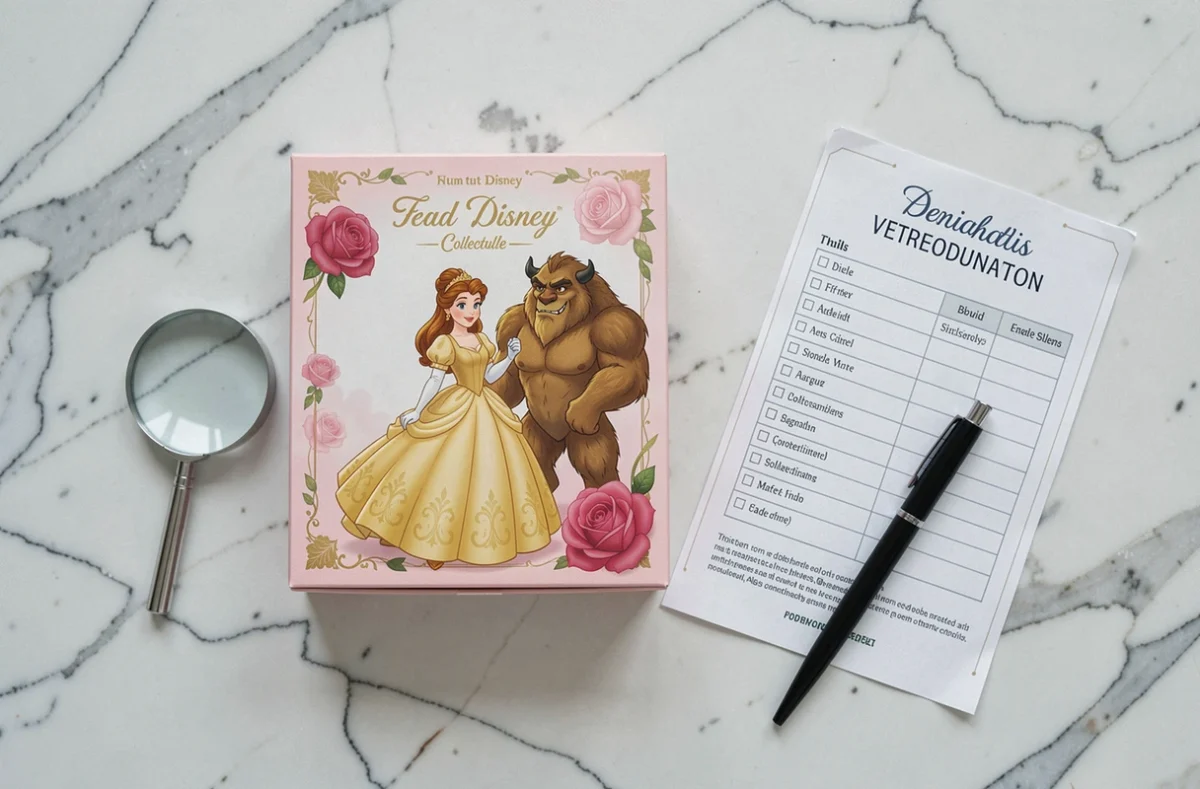 Vue de dessus d'un emballage de rose Disney La Belle et la Bête sur marbre blanc avec loupe et checklist pour vérification des détails d'achat