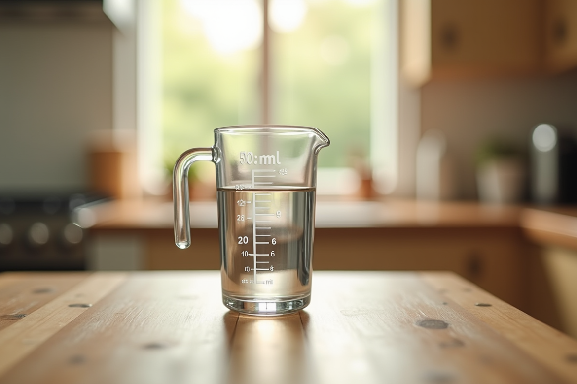 Verre mesureur avec 50 ml de liquide sur une table en bois