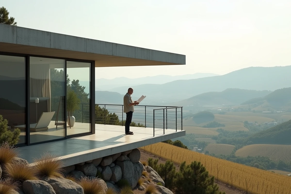 Villa contemporaine minimaliste en béton et verre sur une colline avec terrasse et vue sur vignoble