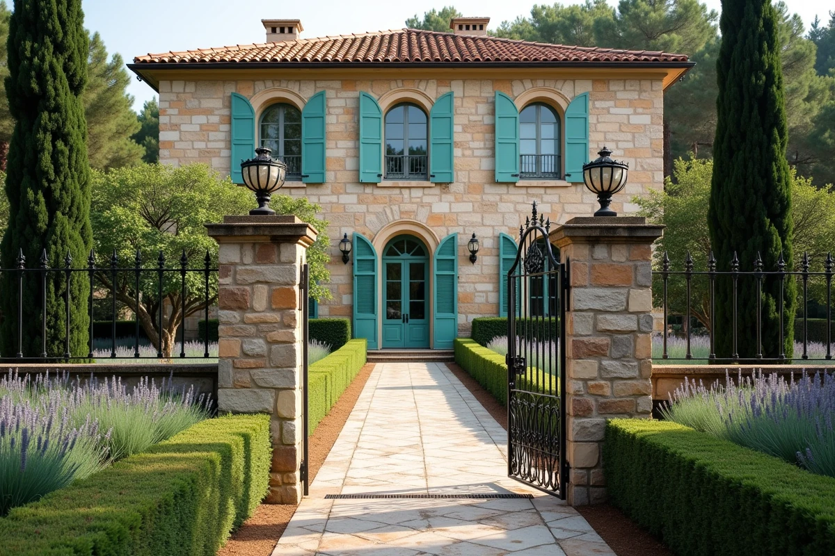Villa méditerranéenne classique avec façade en pierre, volets turquoise et jardin de cyprès et lavande