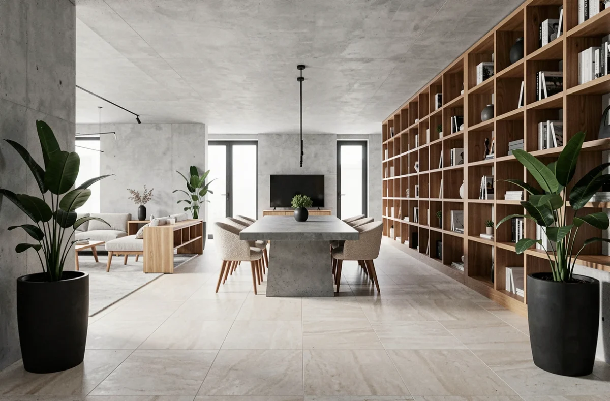 Espace de vie épuré conçu par Vu Concept à Toulouse avec mobilier en chêne naturel, table en béton et bibliothèque double hauteur