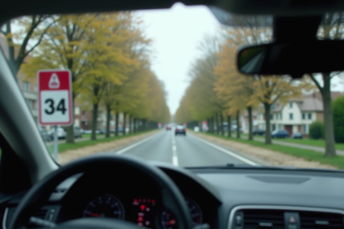 Vue conducteur depuis l'habitacle d'une voiture approchant un panneau B34 de fin d'interdiction de dépasser en zone périurbaine